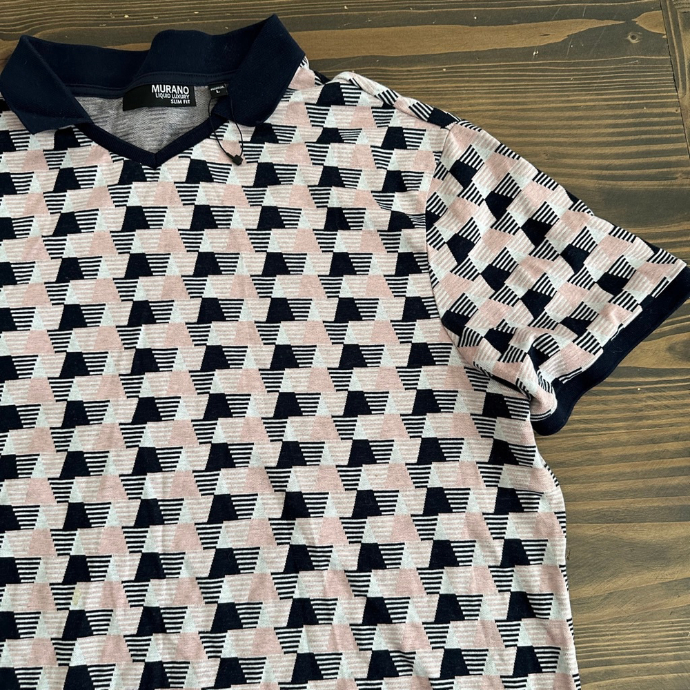 Murano Liquid Luxury Men's Pink Black Geometric Slim Fit Polo Shirt L